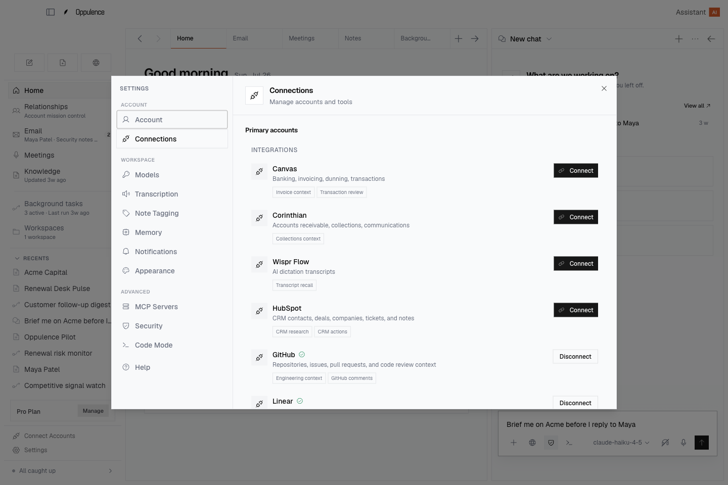 Oppulence desktop app screenshot for Connected Revenue Systems