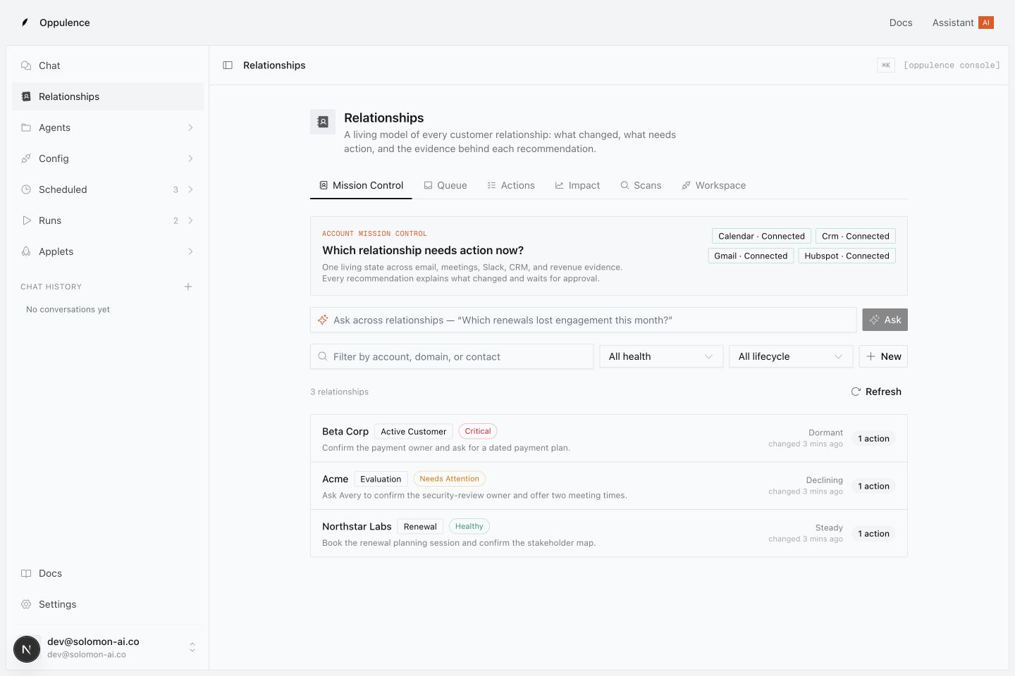 Actual Oppulence web app showing the model relationship workflow
